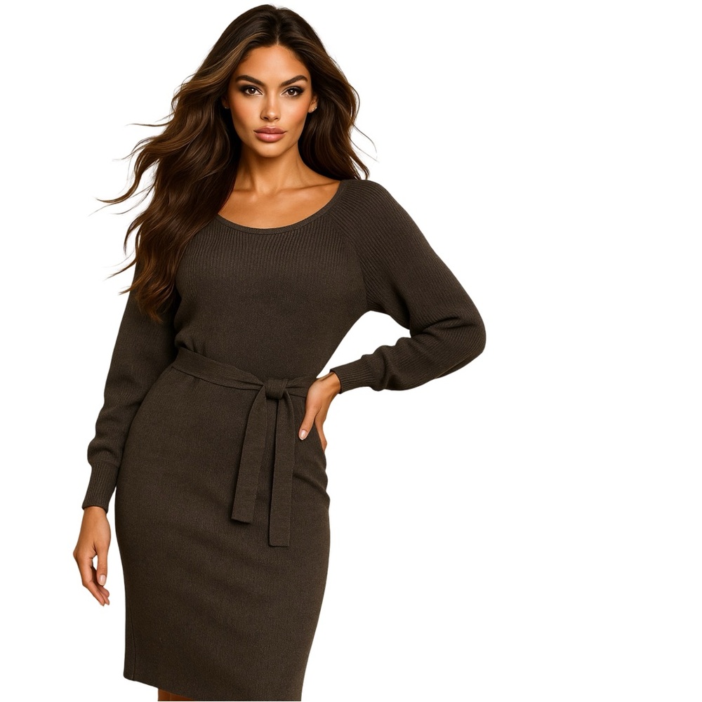 Poem & Thread Charcoal Gray Ribbed Knit Belted Sweater Dress - Size L